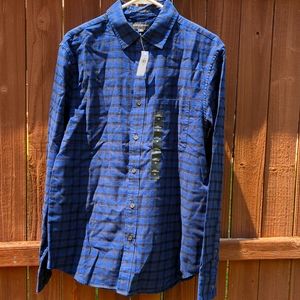 Banana republic slim fit untucked style blue with black plaid button down shirt
